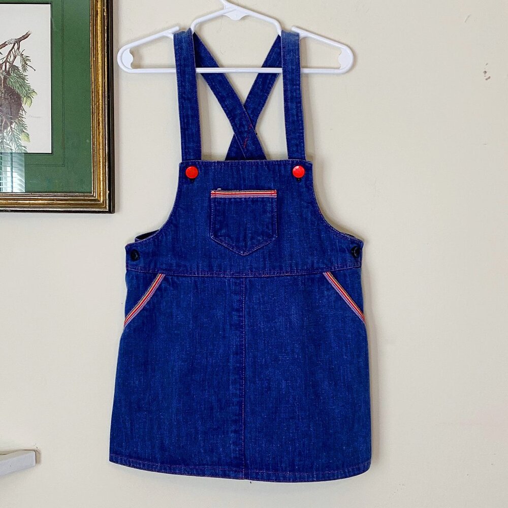 Vintage 70s Girls Denim Jumper Overall Dress Rainbow Ribbon Size 5